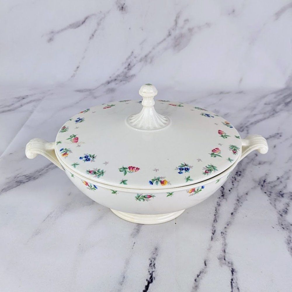 1942 Covered China Vegetable Dish Harmony House Monticello Pink & Blue Floral